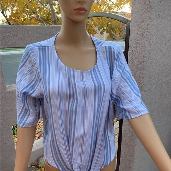 Express Blue And White Striped Tie Front Top Size Large Short Sleeve Cropped - Picture 4 of 12